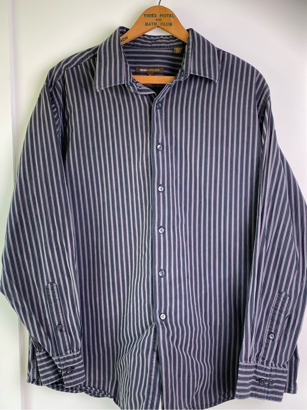 BCBG Attitude Striped Long-Sleeve Button-Up Shirt Modern Fit - Dark Blue Gray XL